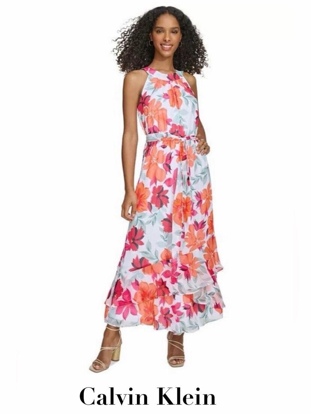 Calvin Klein Colorful Floral Printed Halter Neckline Maxi Dress, Size: 8 NWT